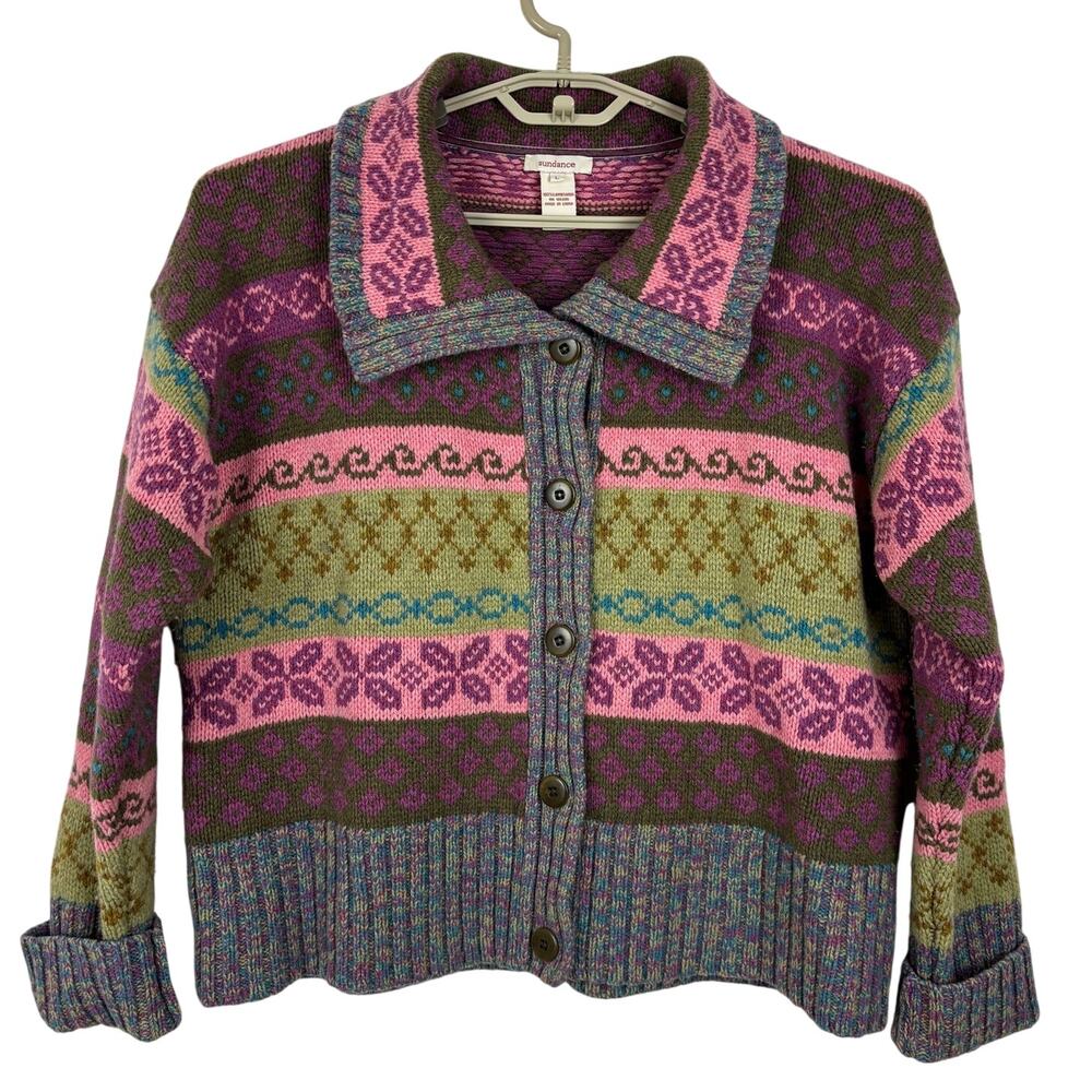 Sundance LambsWool Cardigan Sweater Coatigan Jacket Fair Isle Pink Green Large